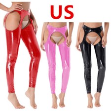 Women's Trousers Wet Look PVC Leather Hollow Out Stretchy Tights Pants Long