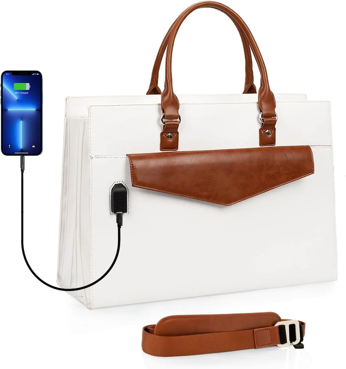 Laptop Tote Bag for Women 17 Inch Waterproof Leather White brown