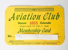 1961 Vintage Aviation Club Denver Colorado Membership Card 1960s USA Gold