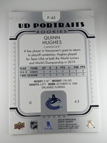 Quinn Hughes 2019-20 UD Portraits Rookies RC 🟢🔵🟢 #p-45 Vancouver Canucks - Picture 2 of 3