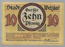 Notgeld - Wetzlar - Stadt Wetzlar - 10 Pfennig - 1920 - Verkehrsausgabe