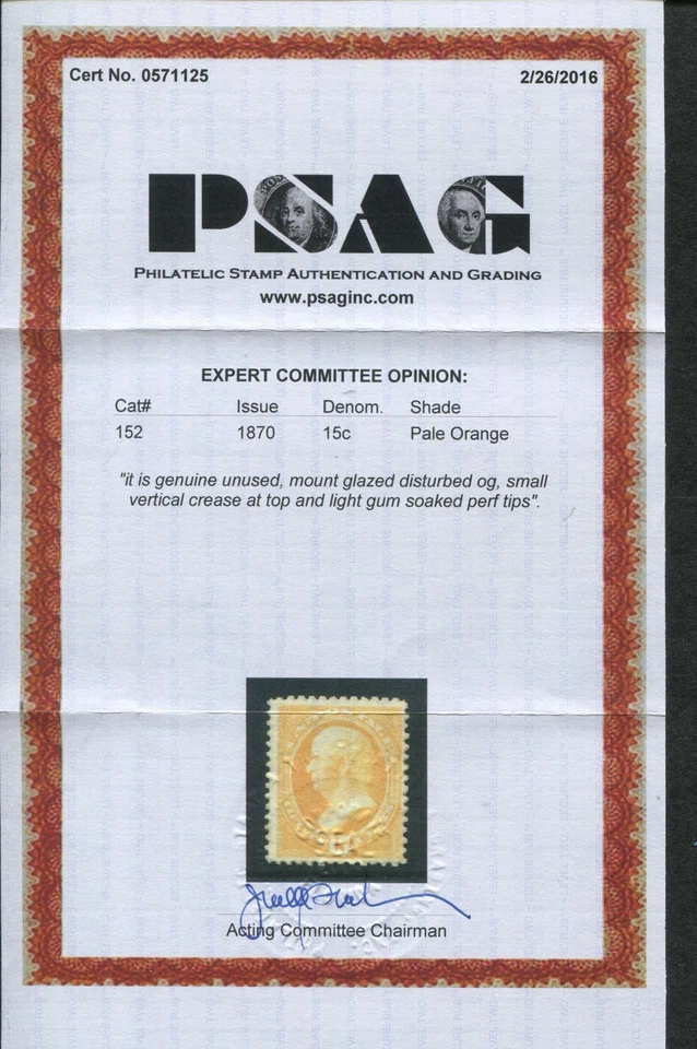 1870 US Stamp #152 15c Mint Disturbed Gum F/VF Catalogue Value $3500 Certified - Image 2 of 2