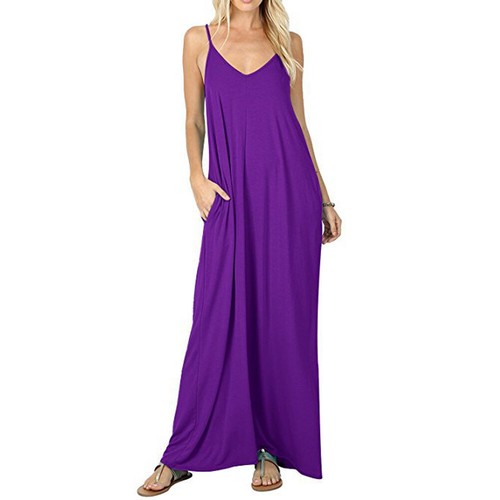 Womens Loose V Neck Pocket Maxi Dress Summer Beach Strapy Boho Long Sundress - 第 13/18 張圖片