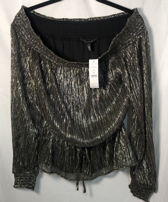 #ad NWT WHBM Women Black Gold Silver Shimmer Metallic Off The Shoulder Top Size S $24.50