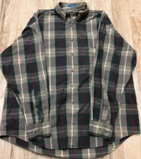Pendleton Men’s Button Shirt 100% Cotton Olive Green Brown Plaid Check Large