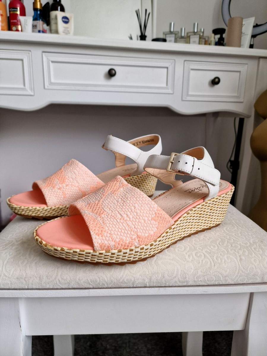 Clarks Wedges Sandals Coral Peach Pink White Comfort Strappy Straw UK  Straw