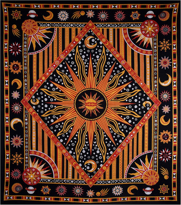 Golden Orange Mandala Aesthetic Tapestry   Celestial Cotton Wall Hanging for Bed
