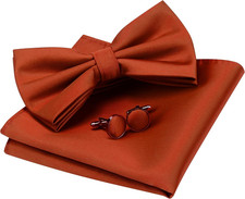 Mens Solid Color Double Fold Pre-Tied Bow Tie and Pocket Square Cufflink Set wit
