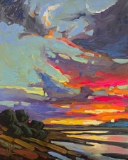Large Contemporary Landscape Painting Vibrant Colors Clouds New Art by Hawkins