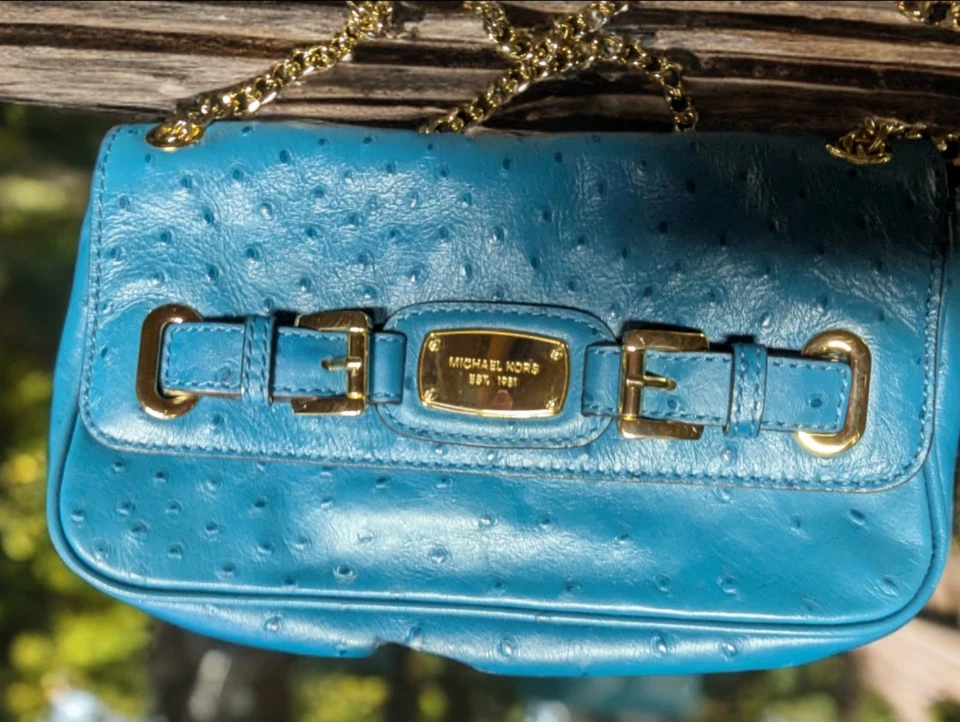 Cartera Bolso de Hombro Michael Kors Azul Avestruz Cuero Repujado Pequeño Bolso de Mano  Foto 3 de 4