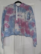 Calvin Klein Women s M Medium Pink Blue White tie dye Pullover Crop Hoodie