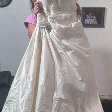 Ivory Strapless Satin Ball Gown Wedding Dress with Beading and Ruching