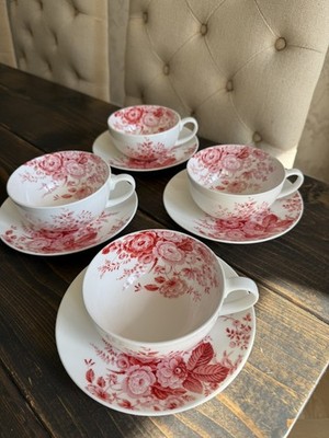 4er Set Laura Ashley Vintage 2004 rot Blumen Rose Fine Bone China Tasse & Untertassen