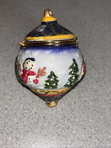 Vintage Limoges Trinket Box Christmas Ornament Snowman Trees Hinged Lid - Picture 4 of 6