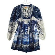 Farm Rio Blue White Tropical Palm Tree Mini Dress Tassel Beaded XS Beach Boho