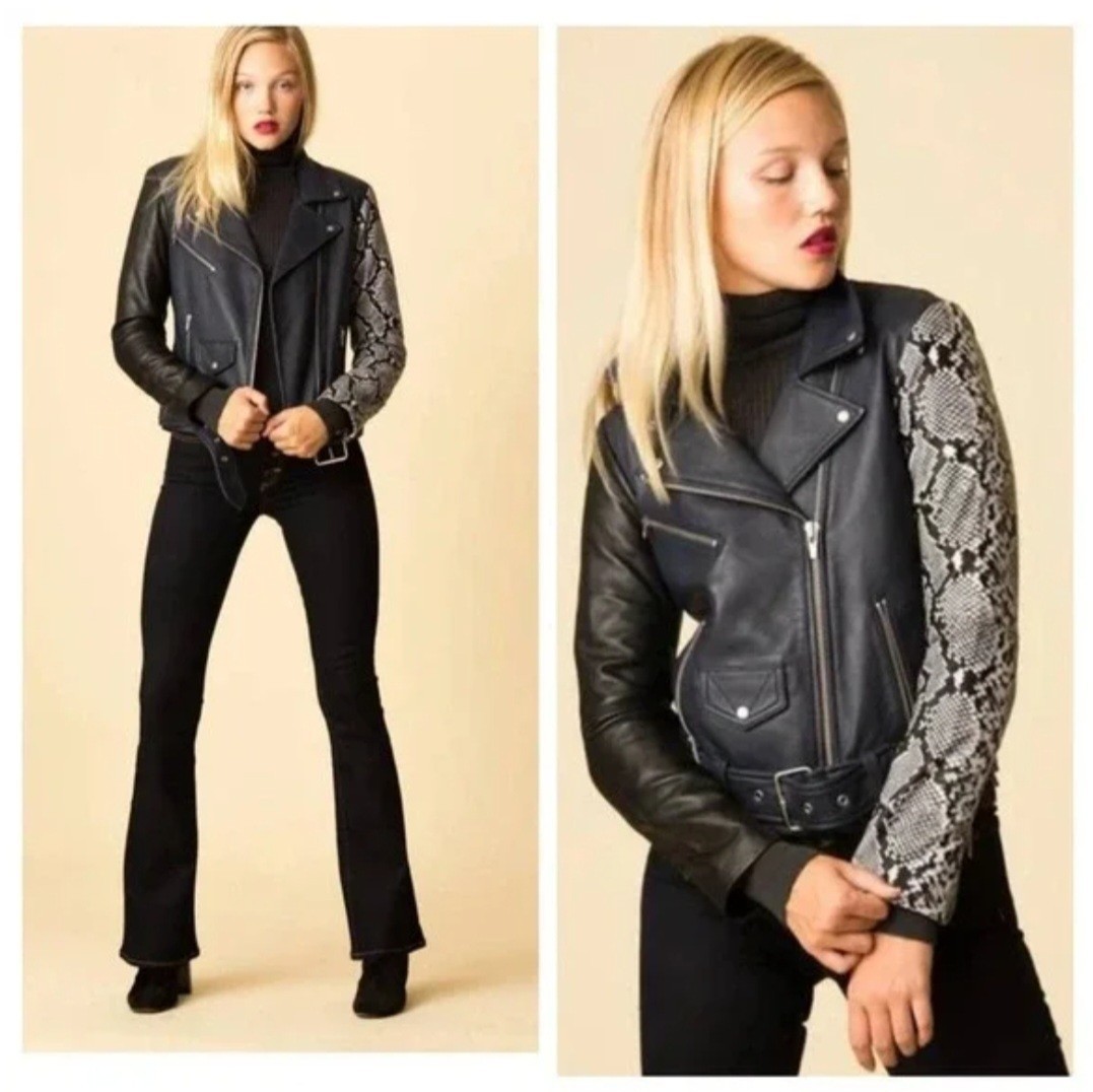 NWT $1100 Veda Jayne Black/Navy/ Snake Print Leather Belted Moto