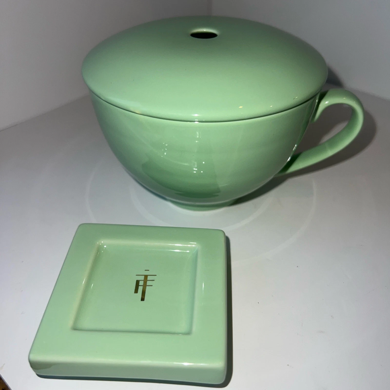 Tea Forté Ceramic Café Cup+Lid & Infuser Tray Mint Green Modern Tea Brewing Set