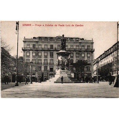 Vintage Lisboa Portugal Postcard Praca e Estatua do Poeta Luiz de Camoes Lisbon
