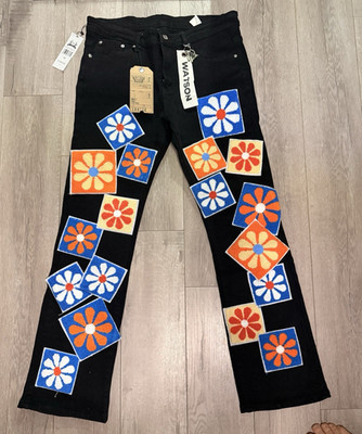 Watson Men's Black Denim Straight Jeans Regular Fit Floral Patch 5-Pocket