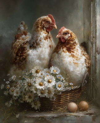 8x10 Cozy Storybook Two Chickens in Basket Flowers Eggs Art Print - 277778051