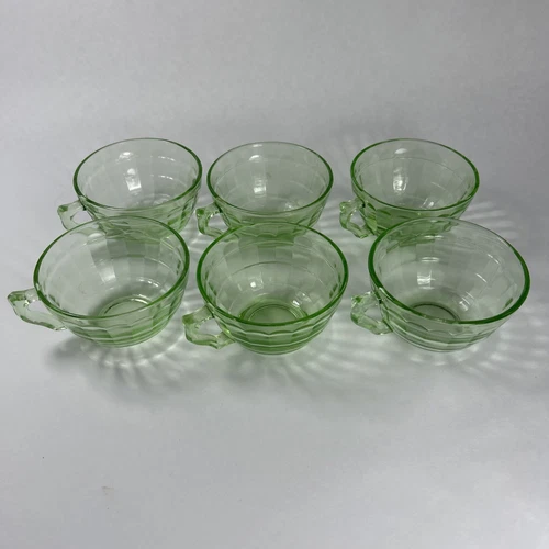 (6) Uranium Green Depression Glass Cups Block Optic Vaseline ~Anchor Hocking