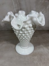 Vintage Fenton White Milk Glass Hobnail Ruffled Trumpet Small Vintage Milk Glass
