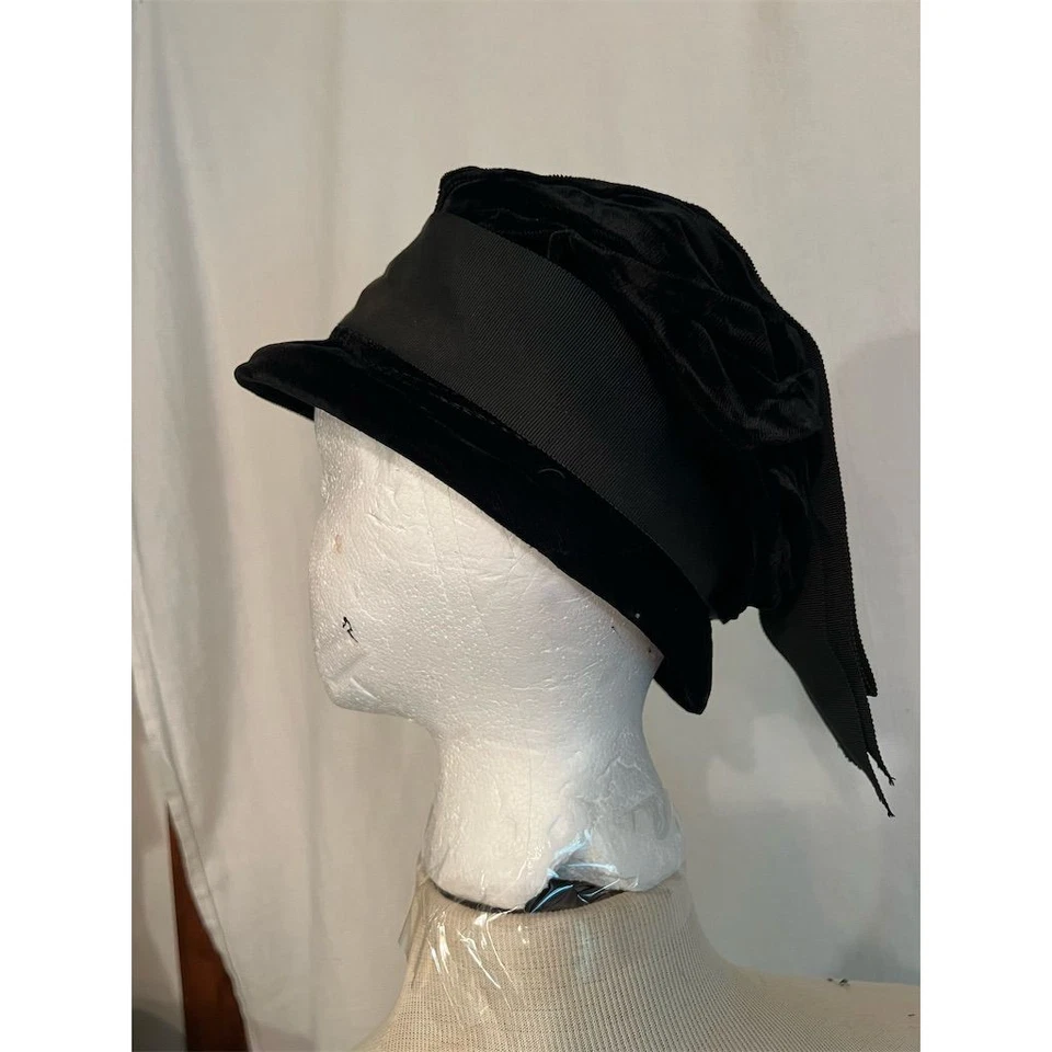 复古 union 制造黑色天鹅绒 Cloche 帽子 缎面带 蒸汽朋克 美国奇思索 罕见 — 第 4/4 张图片