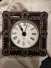 Quartz Table Clock Shontek DM-6002 Enamel Rhinestone Works Good.