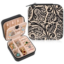 DEEKA Western Jewelry Box Case Real Leather Black and Beige Embossed Tooled T...