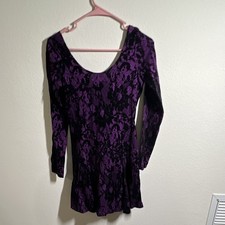 Vintage Betsey Johnson Purple/Black Floral Lace Scoop Neck Long Sleeve dress S