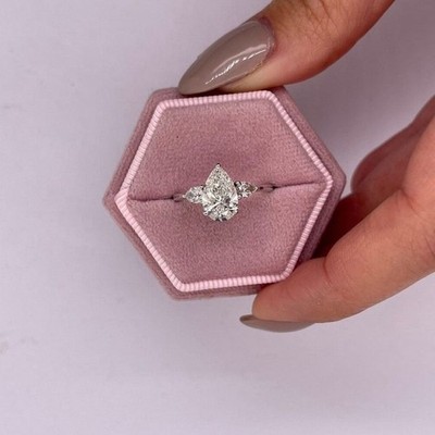 2CT Pear Cut Three Stone F/VVS1 Moissanite Engagement Ring 14K White Gold Plated