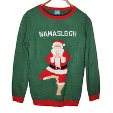 Funny Santa Yoga Namasleigh Christmas Sweater Mens Large North Pole Trading Co