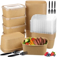 50 Pack 32 Oz Large Paper Bowls with Lids and Forks, Cardboard Take Out To Go...