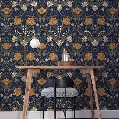 Large tulips flowers floral navy blue olive green peach Scandinavian Wallpaper