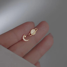 Simple Zircon Star Moon Planet Stud Earrings for Women Gold/Silver Color Asymmet