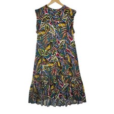 Democracy Womens Size Small Tropical Leaf Print Tiered Midi Dress Teal Boho