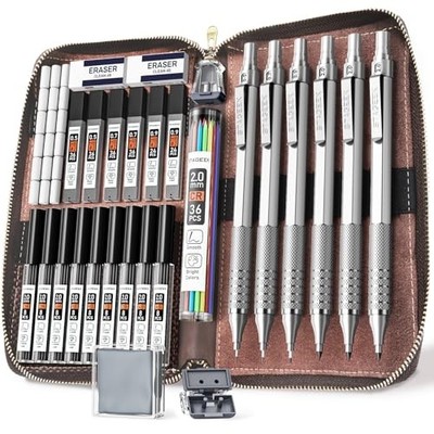STAGEEK Mechanical Pencil Set in Leather Case Silver