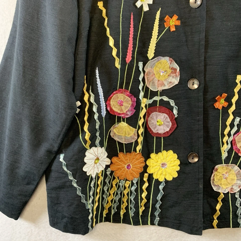 Indigo Soul 女式 Statement Blazer 尺寸 1X 刺绣花卉 Whimiscal Artsy — 第 2/4 张图片