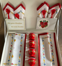 ~VINTAGE Geschenkset 70er Jahre - 4 EMSA Eierbecher-Eierlöffel-Servietten-Stoff~