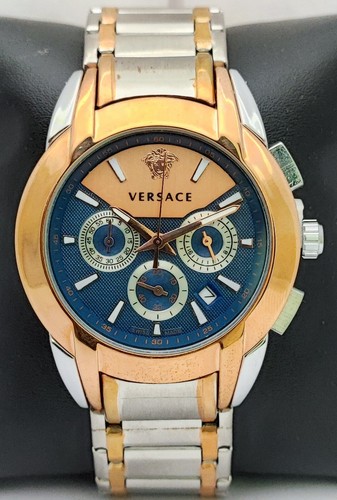 Luxury Versace Chronograph Men Blue Dial Stainless Steel Band Quartz Wristwatch
