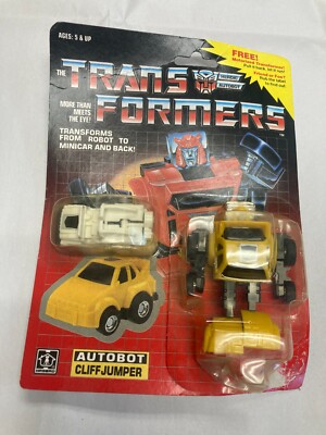 Transformers G1 yellow cliff jumper with mini spy on open card 1984 hasbro