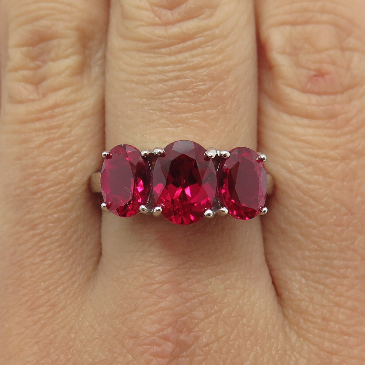 925 Sterling Silver Lab-Created Ruby 3-Stone Ring… - image 1