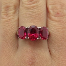 925 Sterling Silver Lab-Created Ruby 3-Stone Ring Size 9