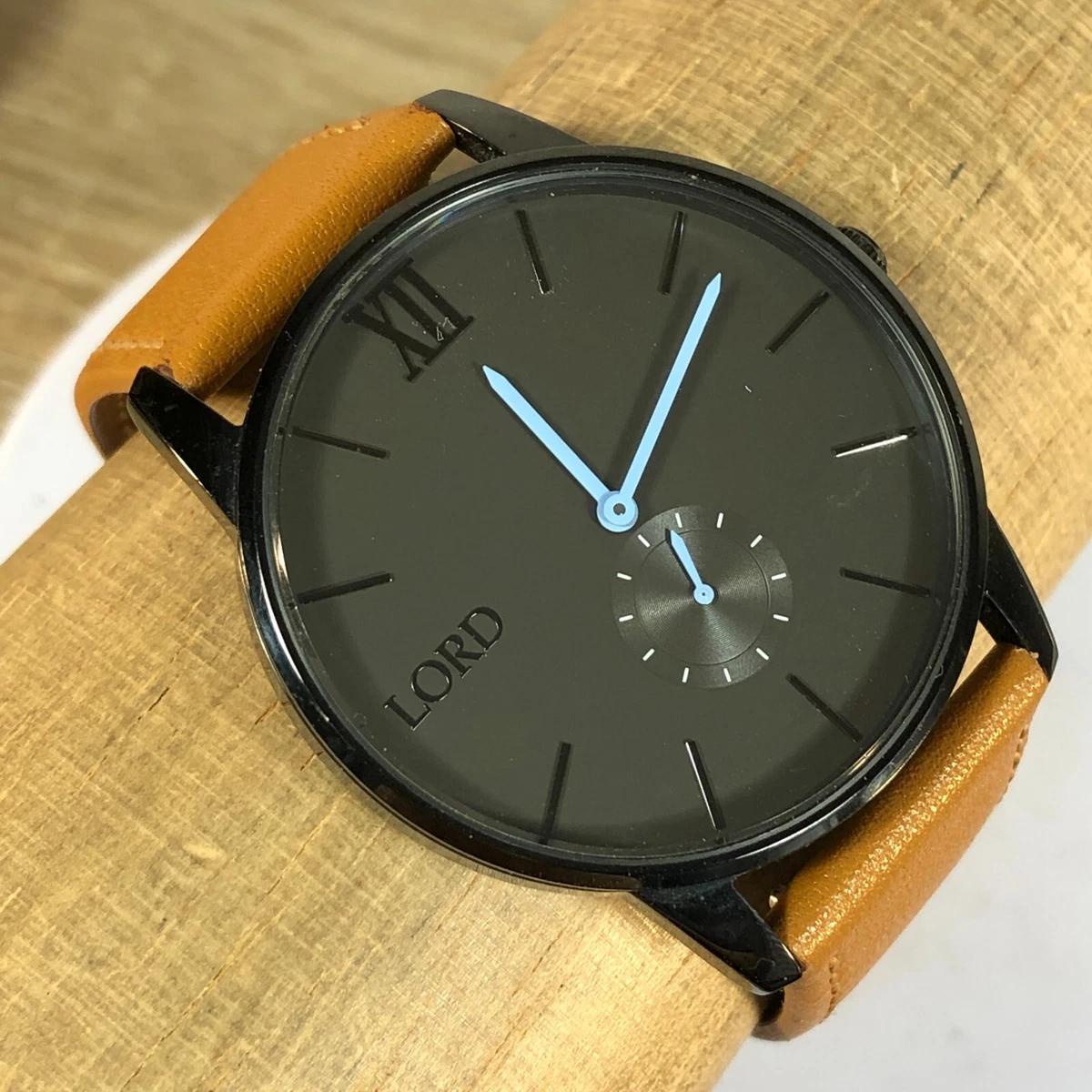 Lord Timepieces Men s Watch Black grey dial blue hands leather