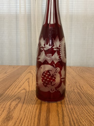 Egermann Czech Bohemian Ruby Red Cut To Clear Decanter Stopper 6 Cordial Glasses - Picture 5 of 14