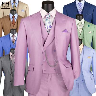 VINCI Men's Textured 3pc Modern Suit w/ Adj Waist - 36S-56L, 8 Colors - NEW