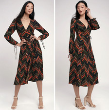 Lulu's V-Neck Academia Timeless Chic Long Sleeve Preppy Midi Dress - Small