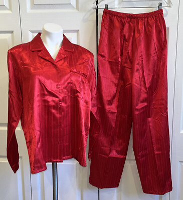 NWT Classic Elements Sears Sleepwear Satin Jacquard Stripes Pajama Set Red Sz M