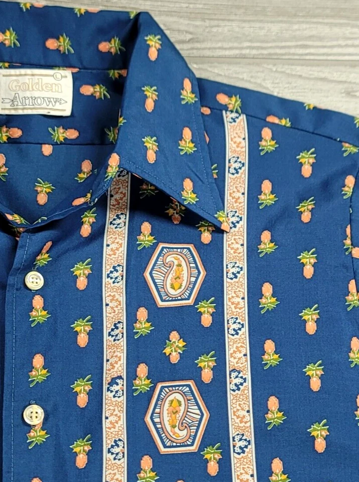 Camisa De Colección Años 70 Flecha Dorada Para Hombre L Multicolor Paisley Piña Abotonada Campamento Foto 4 de 4