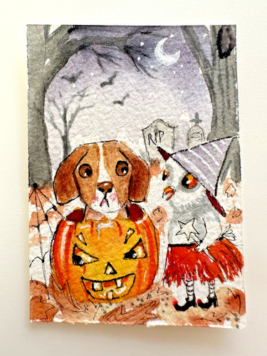 MINIATURE WATERCOLOR PAINTING 2x3 ooak aceo GRAVEYARD HALLOWEEN DOG PUMPKIN OWL